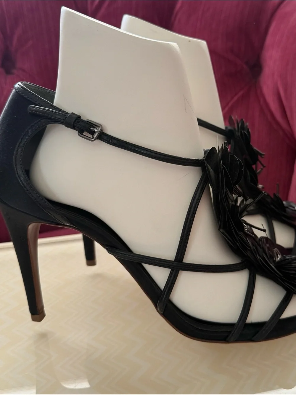 Tory Burch Black Strappy Floral Embellished High Heel Sandals